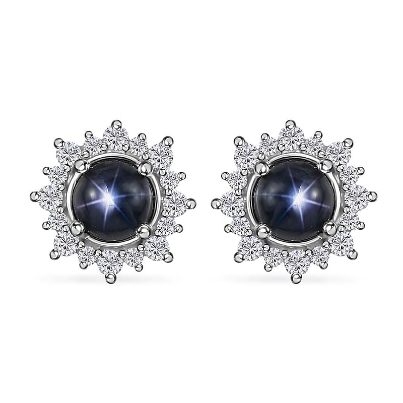 D'Joy Blue Star Sapphire (DF) and White Zircon Sunburst Stud Earrings in Platinum Over Sterling Silver 2.30 ctw
