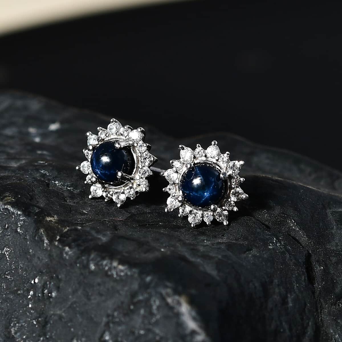Blue Star Sapphire (DF) and White Zircon Sunburst Stud Earrings in Platinum Over Sterling Silver 2.30 ctw image number 1