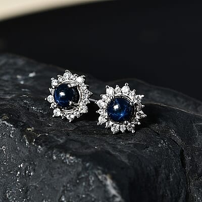 D'Joy Blue Star Sapphire (DF) and White Zircon Sunburst Stud Earrings in Platinum Over Sterling Silver 2.30 ctw