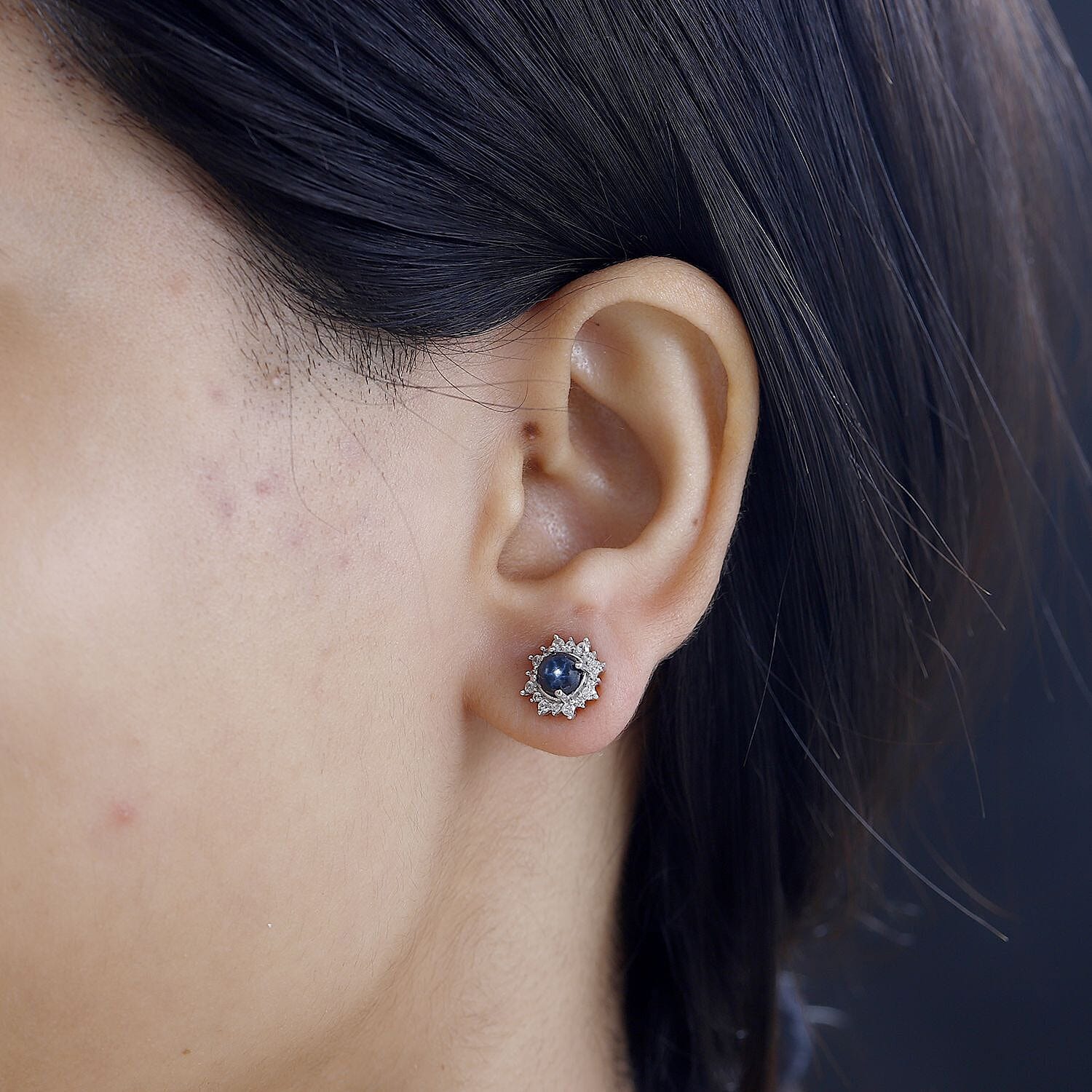 D'Joy Blue Star Sapphire (DF) and White Zircon Sunburst Stud Earrings in Platinum Over Sterling Silver 2.30 ctw