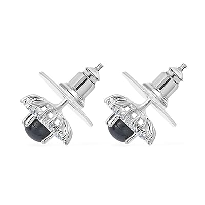 D'Joy Blue Star Sapphire (DF) and White Zircon Sunburst Stud Earrings in Platinum Over Sterling Silver 2.30 ctw