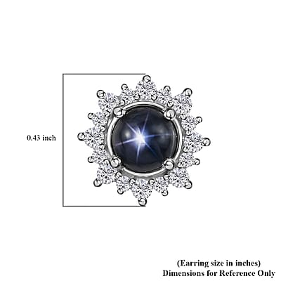 D'Joy Blue Star Sapphire (DF) and White Zircon Sunburst Stud Earrings in Platinum Over Sterling Silver 2.30 ctw