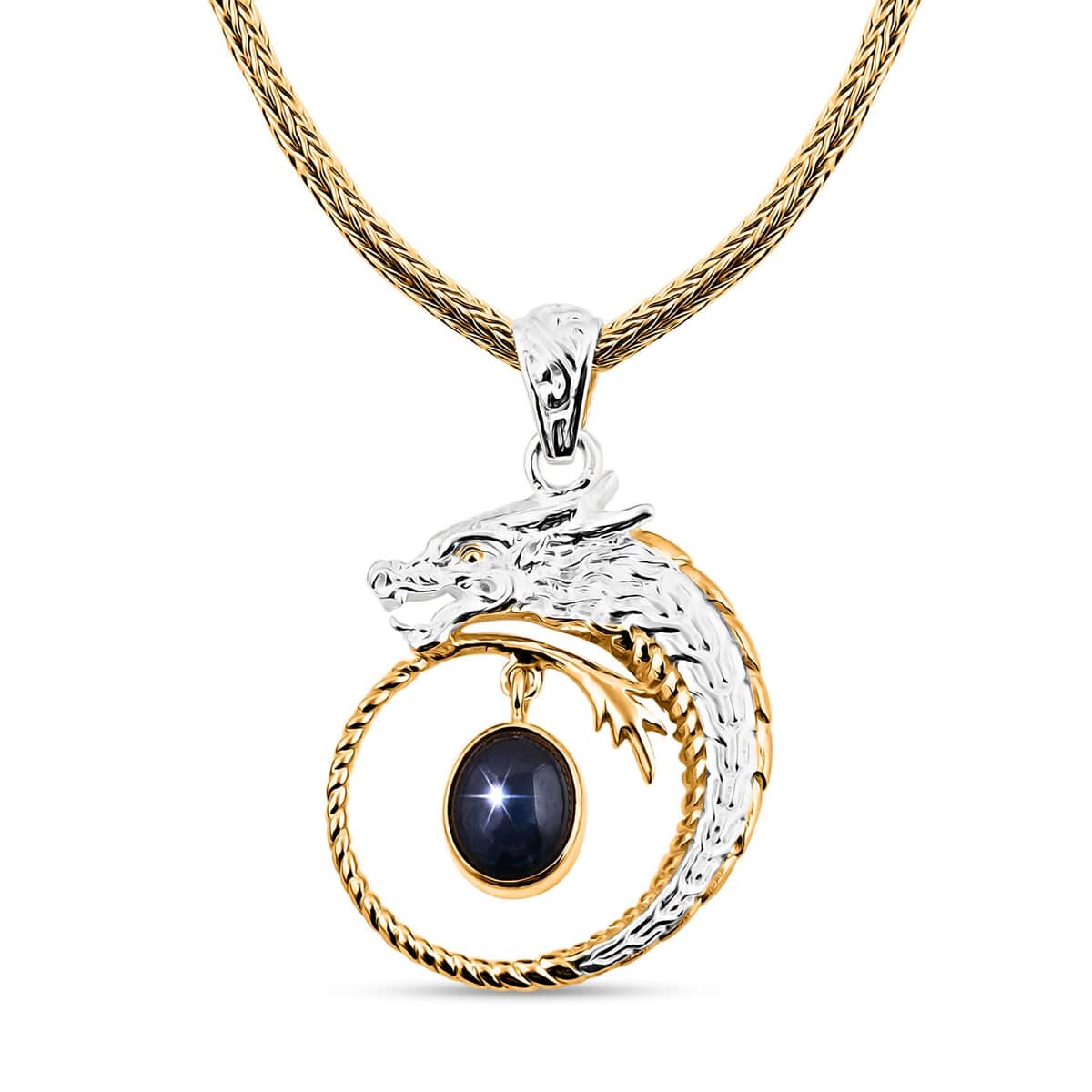 Doorbuster Bali Legacy Blue Star Sapphire (DF) Tulang Naga Chain Dragon Necklace 20 Inches in 22K Vermeil Yellow Gold Over and Sterling Silver 4.50 ctw image number 0