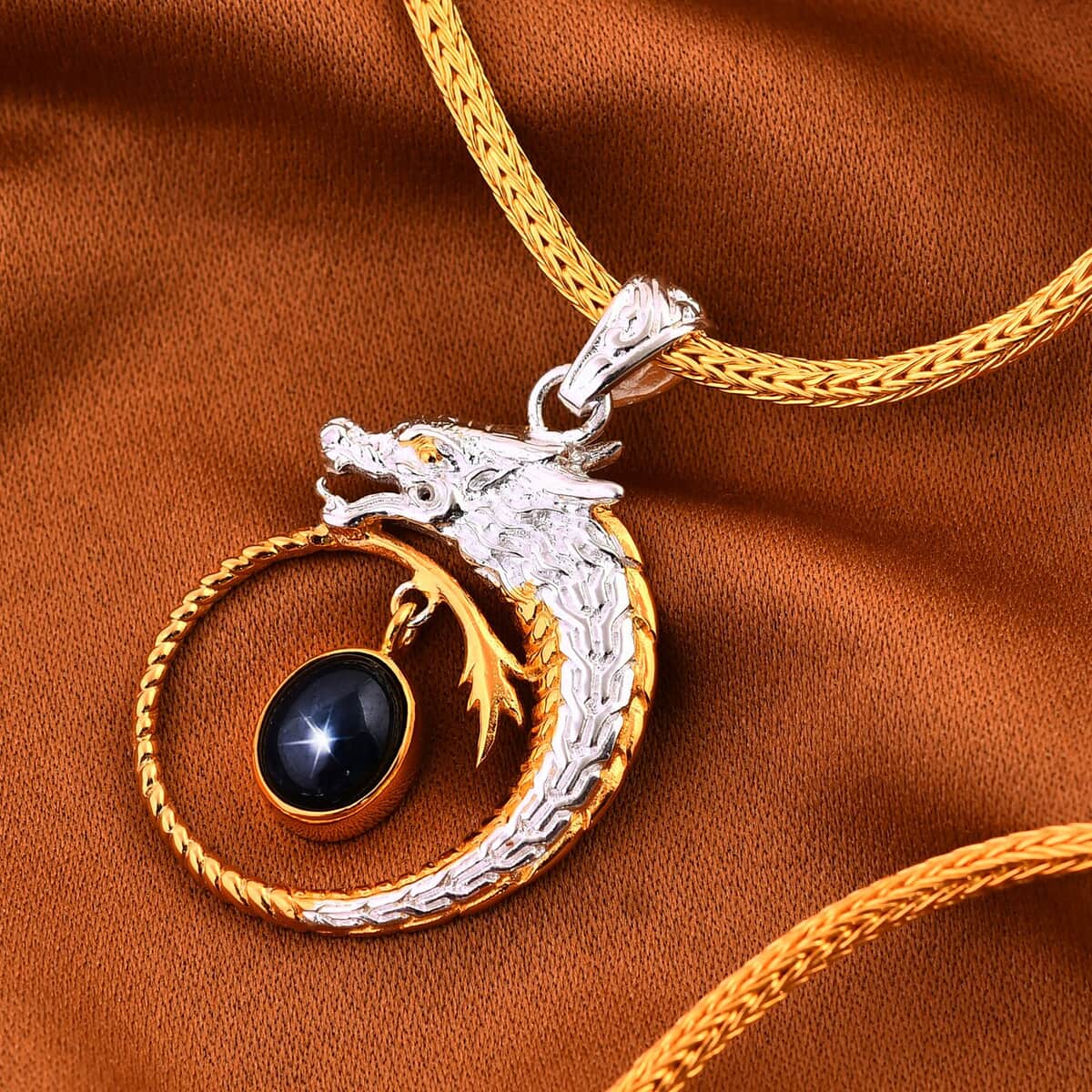 Doorbuster Bali Legacy Blue Star Sapphire (DF) Tulang Naga Chain Dragon Necklace 20 Inches in 22K Vermeil Yellow Gold Over and Sterling Silver 4.50 ctw image number 1