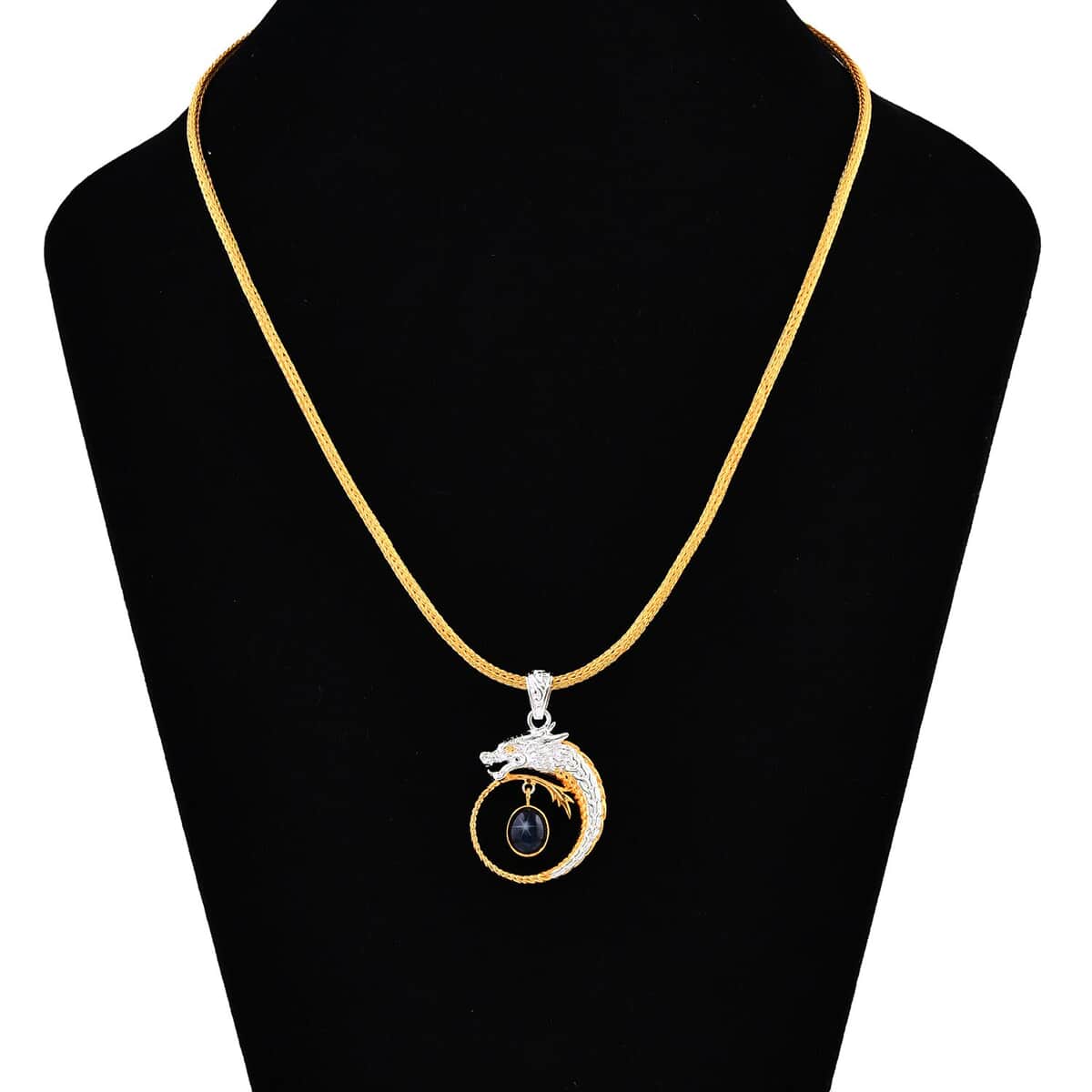 Bali Legacy Blue Star Sapphire (DF) Tulang Naga Chain Dragon Necklace 20 Inches in 22K Vermeil Yellow Gold Over and Sterling Silver 4.50 ctw image number 2