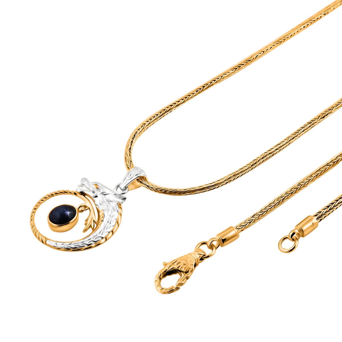 Bali Legacy Blue Star Sapphire (DF) Tulang Naga Chain Dragon Necklace 20 Inches in 22K Vermeil Yellow Gold Over and Sterling Silver 4.50 ctw image number 4