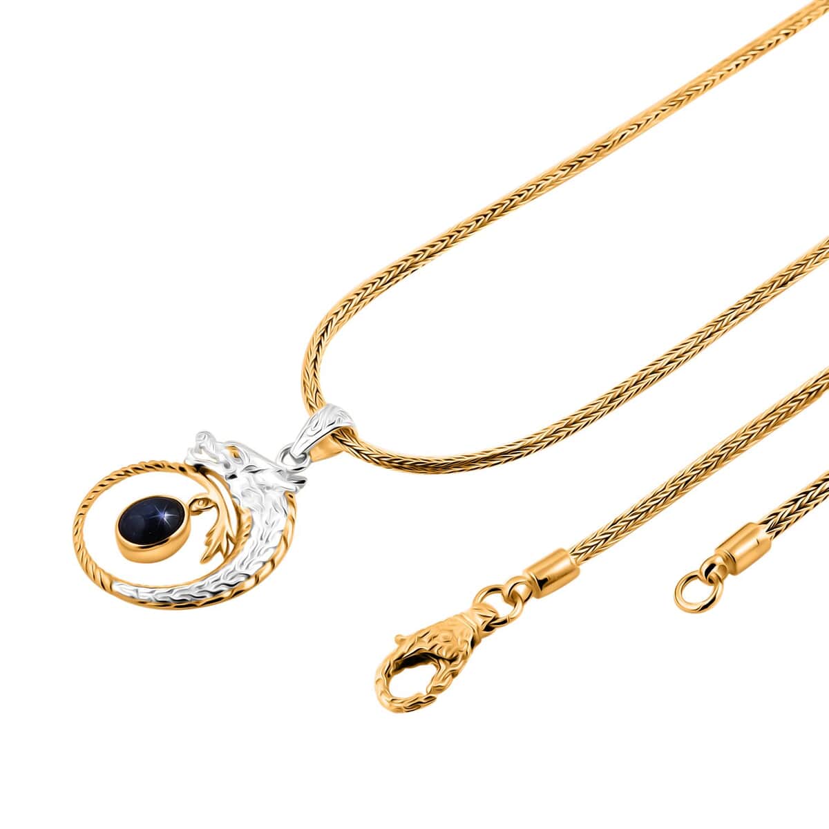 Doorbuster Bali Legacy Blue Star Sapphire (DF) Tulang Naga Chain Dragon Necklace 20 Inches in 22K Vermeil Yellow Gold Over and Sterling Silver 4.50 ctw image number 4