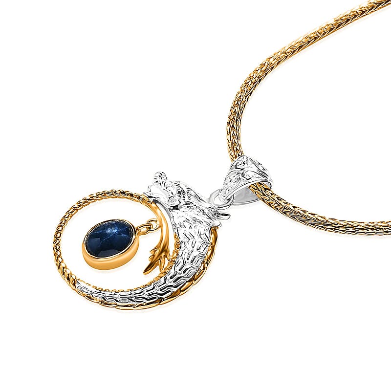 Bali Legacy Blue Star Sapphire (DF) 4.50 ctw Tulang Naga Chain Dragon Necklace 20 Inches in 22K Vermeil Yellow Gold Over and Sterling Silver