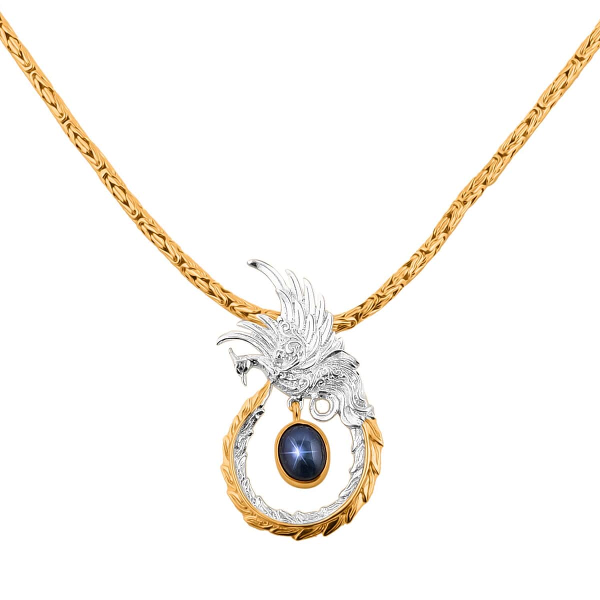 Bali Legacy Blue Star Sapphire (DF) Borobudur Chain Phoenix Necklace 20 Inches in 22K Vermeil Yellow Gold Over and Sterling Silver 4.35 ctw image number 0