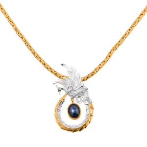 Bali Legacy Blue Star Sapphire (DF) Borobudur Chain Phoenix Necklace 20 Inches in 22K Vermeil Yellow Gold Over and Sterling Silver 4.35 ctw