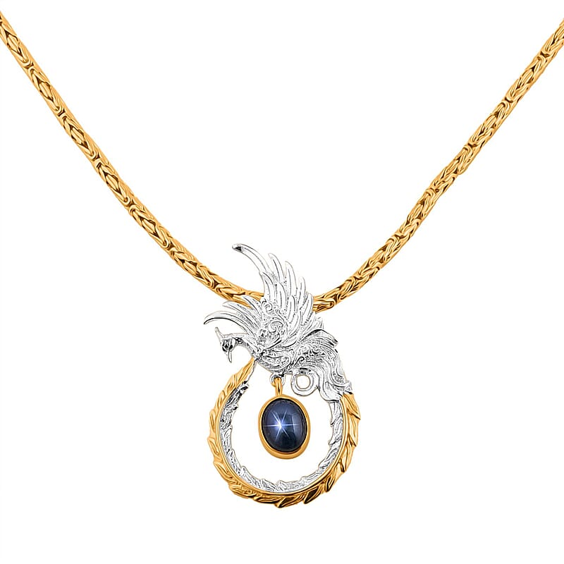 Bali Legacy Blue Star Sapphire (DF) Borobudur Chain Phoenix Necklace 20 Inches in 22K Vermeil Yellow Gold Over and Sterling Silver 4.35 ctw