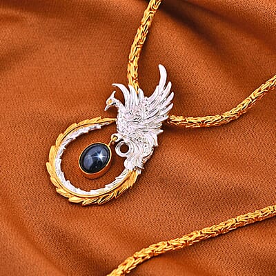 Bali Legacy Blue Star Sapphire (DF) Borobudur Chain Phoenix Necklace 20 Inches in 22K Vermeil Yellow Gold Over and Sterling Silver 4.35 ctw