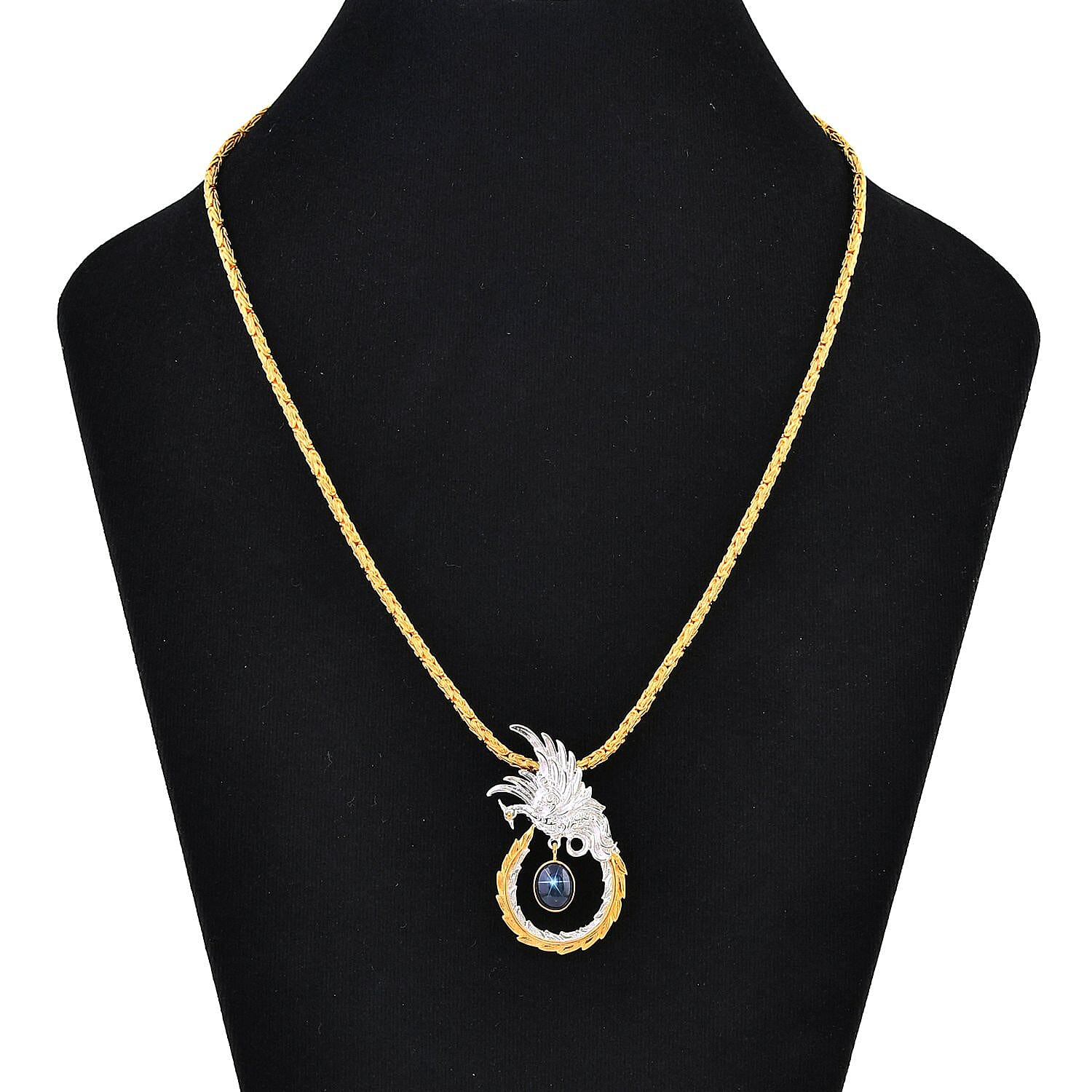 Bali Legacy Blue Star Sapphire (DF) Borobudur Chain Phoenix Necklace 20 Inches in 22K Vermeil Yellow Gold Over and Sterling Silver 4.35 ctw