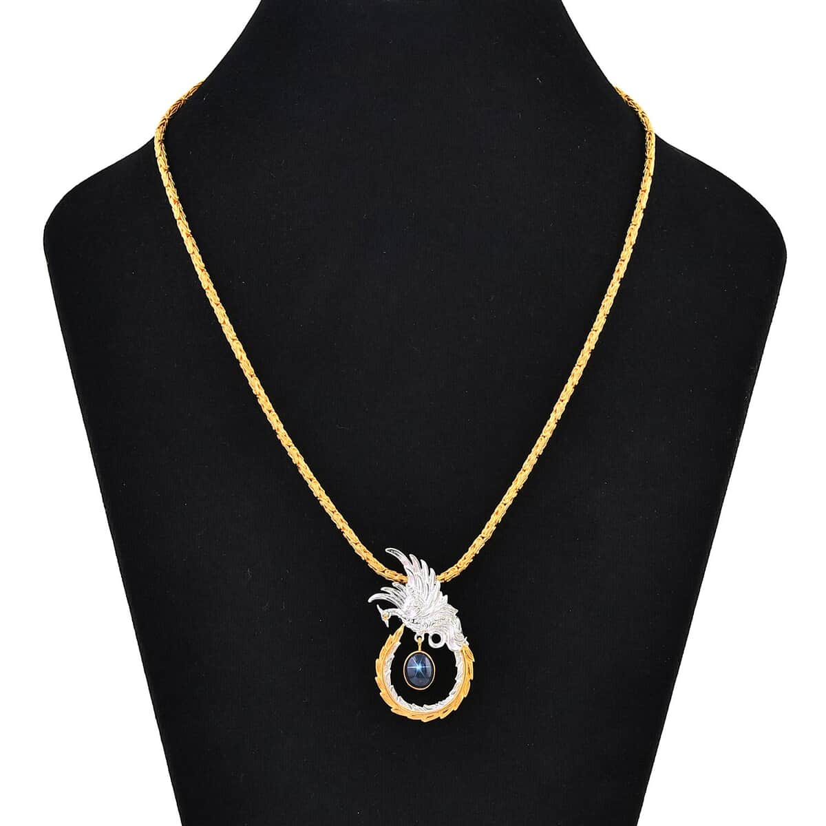 Bali Legacy Blue Star Sapphire (DF) Borobudur Chain Phoenix Necklace 20 Inches in 22K Vermeil Yellow Gold Over and Sterling Silver 4.35 ctw image number 2