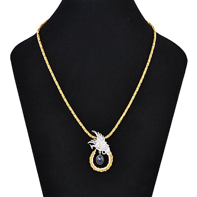 Bali Legacy Blue Star Sapphire (DF) Borobudur Chain Phoenix Necklace 20 Inches in 22K Vermeil Yellow Gold Over and Sterling Silver 4.35 ctw