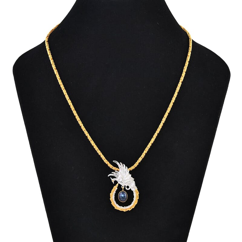Bali Legacy Blue Star Sapphire (DF) Borobudur Chain Phoenix Necklace 20 Inches in 22K Vermeil Yellow Gold Over and Sterling Silver 4.35 ctw