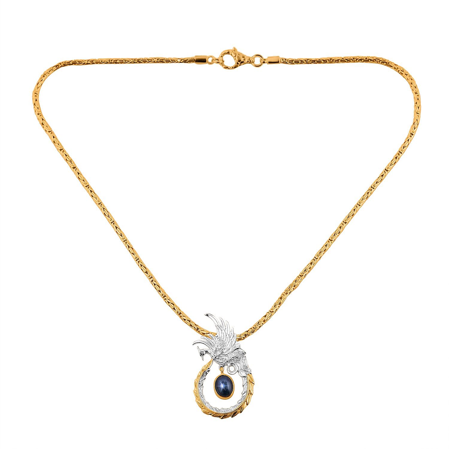 Bali Legacy Blue Star Sapphire (DF) Borobudur Chain Phoenix Necklace 20 Inches in 22K Vermeil Yellow Gold Over and Sterling Silver 4.35 ctw