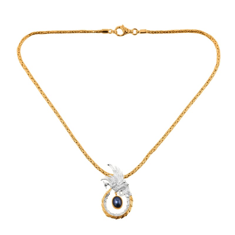 Bali Legacy Blue Star Sapphire (DF) Borobudur Chain Phoenix Necklace 20 Inches in 22K Vermeil Yellow Gold Over and Sterling Silver 4.35 ctw