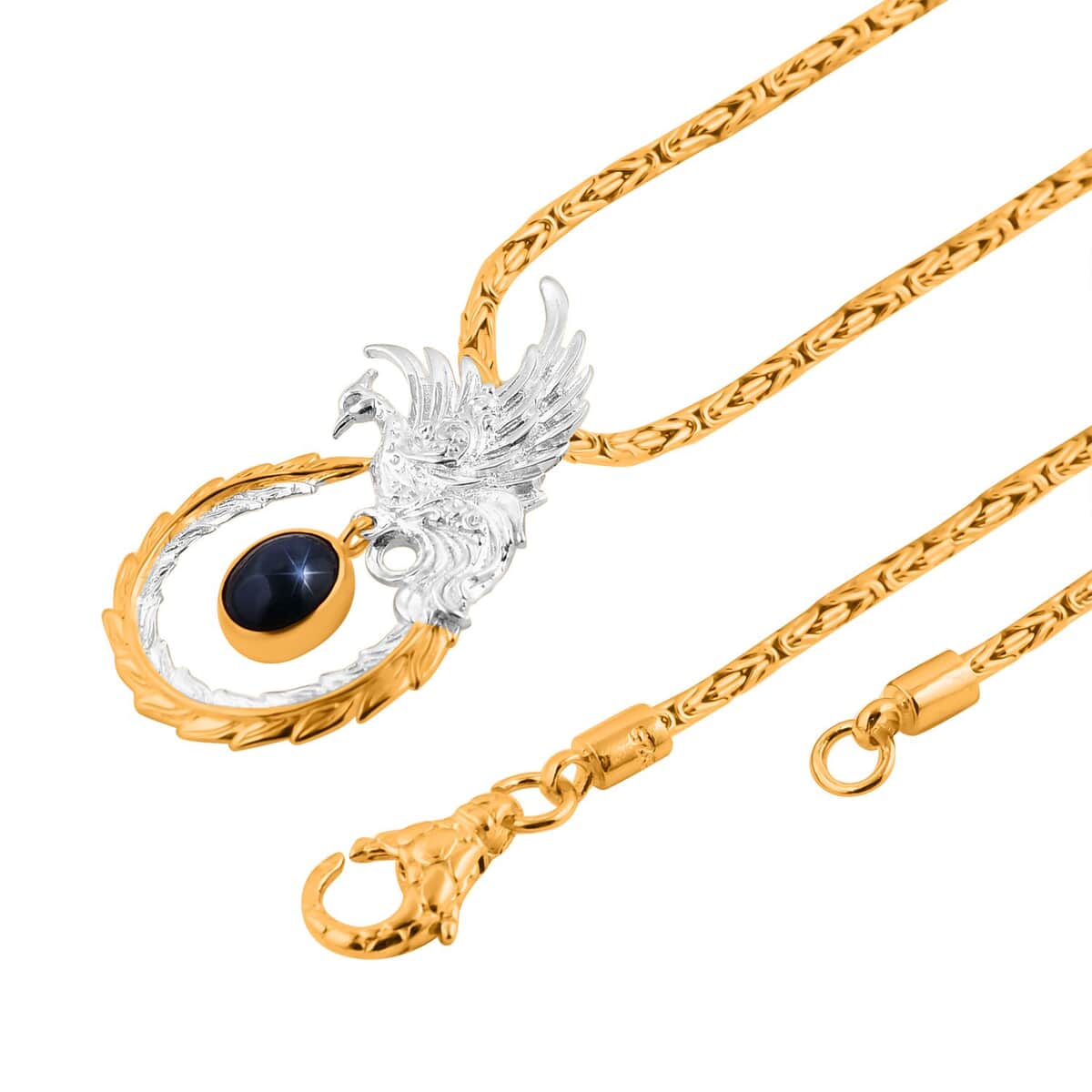 Bali Legacy Blue Star Sapphire (DF) Borobudur Chain Phoenix Necklace 20 Inches in 22K Vermeil Yellow Gold Over and Sterling Silver 4.35 ctw image number 4