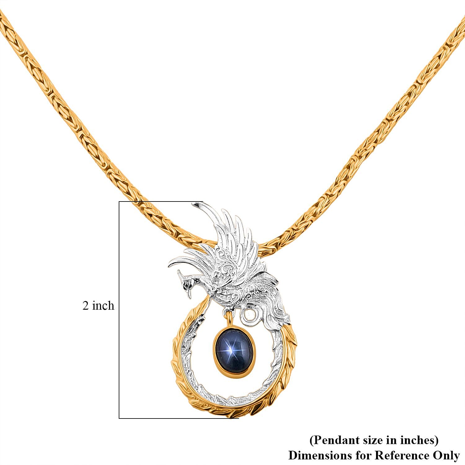 Bali Legacy Blue Star Sapphire (DF) Borobudur Chain Phoenix Necklace 20 Inches in 22K Vermeil Yellow Gold Over and Sterling Silver 4.35 ctw
