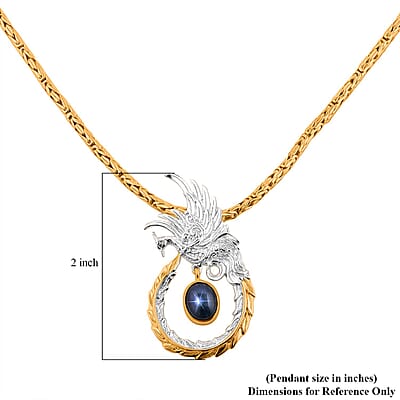 Bali Legacy Blue Star Sapphire (DF) Borobudur Chain Phoenix Necklace 20 Inches in 22K Vermeil Yellow Gold Over and Sterling Silver 4.35 ctw