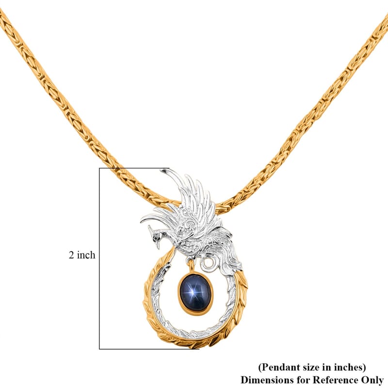 Bali Legacy Blue Star Sapphire (DF) Borobudur Chain Phoenix Necklace 20 Inches in 22K Vermeil Yellow Gold Over and Sterling Silver 4.35 ctw