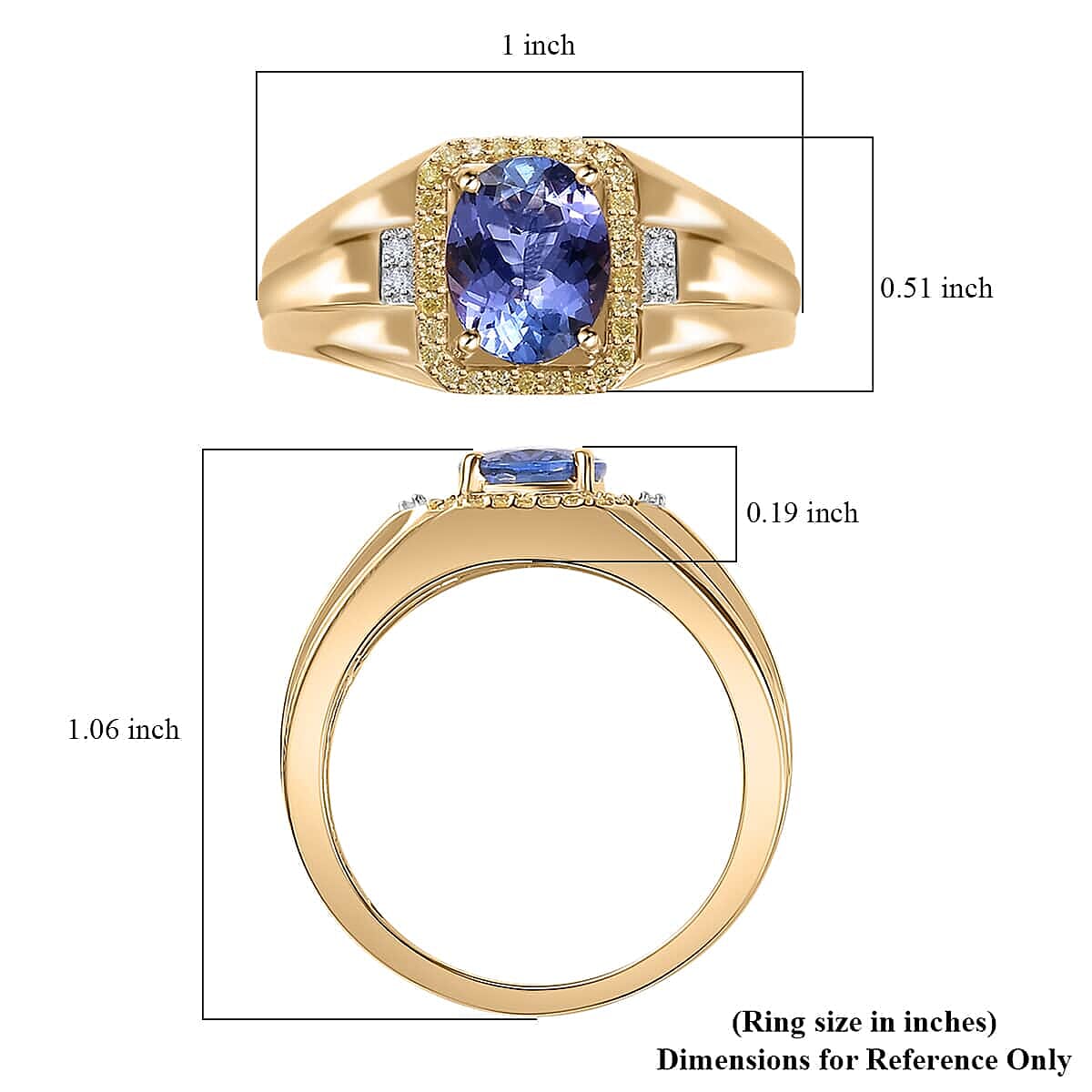 Luxoro 10K Yellow Gold Premium Tanzanite, I2 Natural Yellow and White Diamond Men's Ring 2.15 ctw