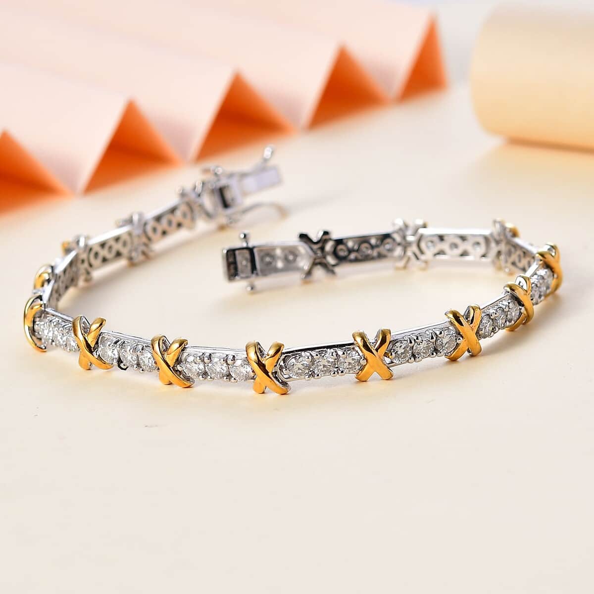 Moissanite XOXO Bracelet in Vermeil YG and Platinum Over Sterling Silver (6.50 In) 4.10 ctw image number 1