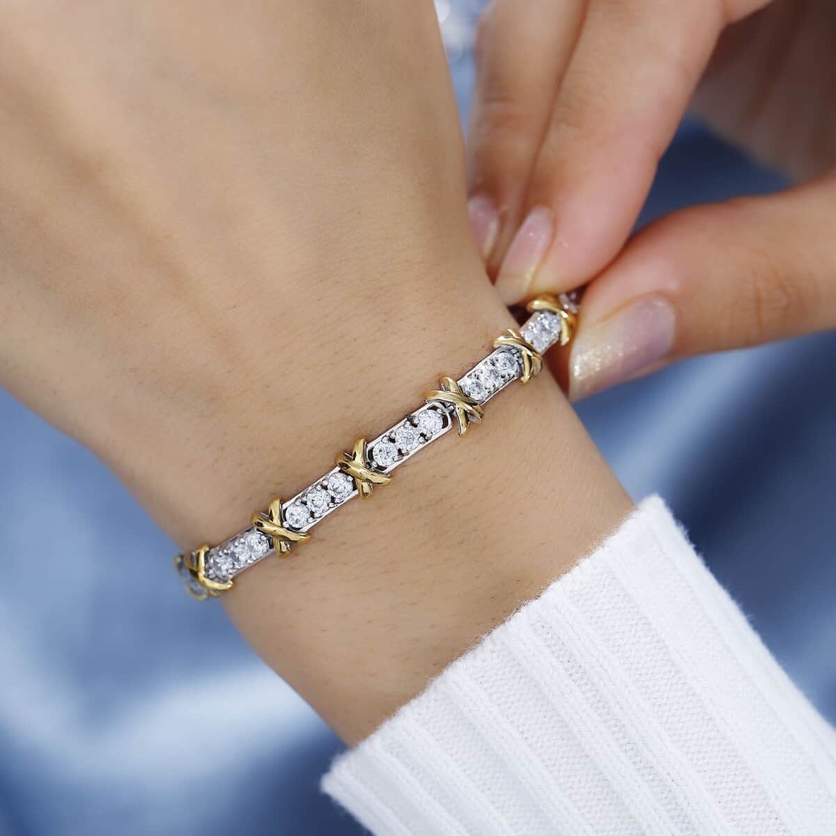 Moissanite XO Bracelet in Vermeil YG and Platinum Over Sterling Silver (6.50 In) 4.10 ctw image number 2