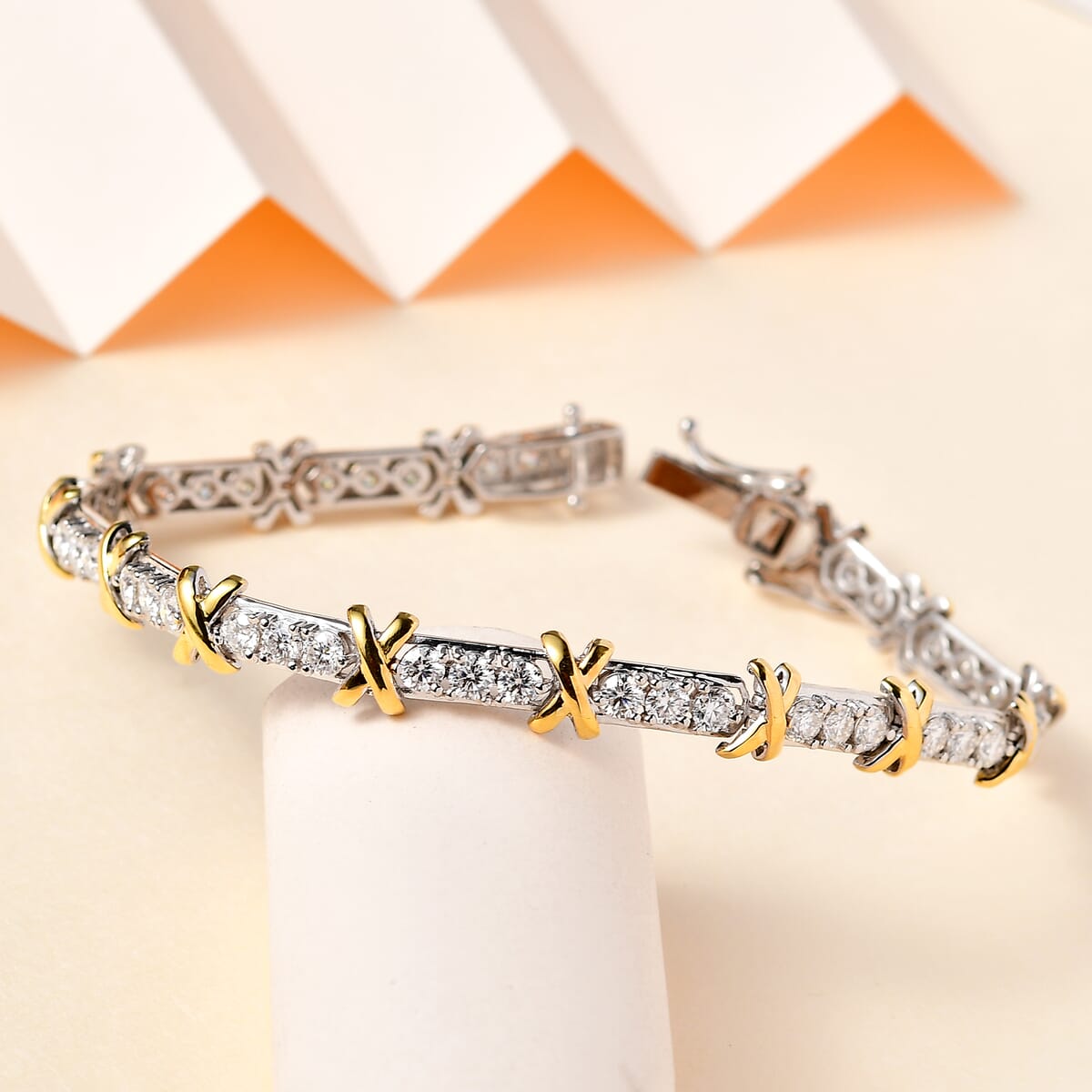 Moissanite XO Bracelet in Vermeil YG and Platinum Over Sterling Silver (7.25 In) 4.40 ctw image number 1