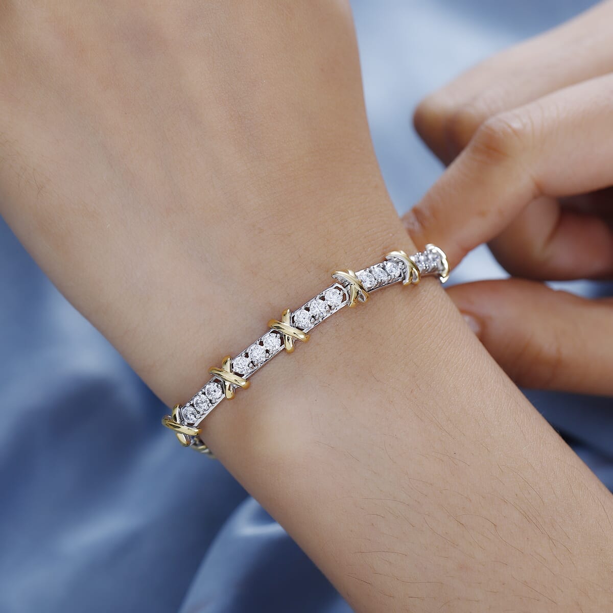 Moissanite XO Bracelet in Vermeil YG and Platinum Over Sterling Silver (7.25 In) 4.40 ctw image number 2