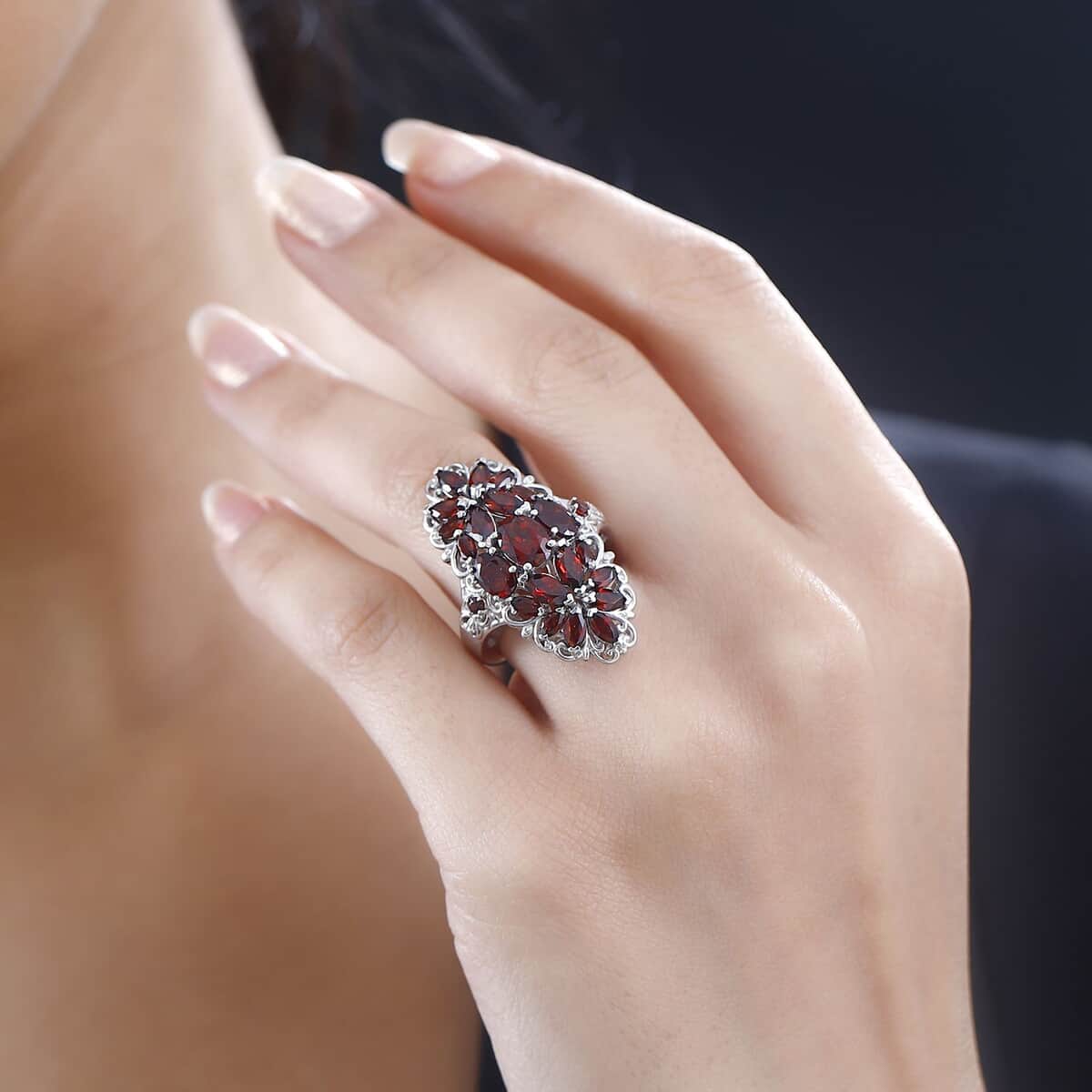 Mozambique Garnet Floral Ring in Platinum Over Sterling Silver (Size 10.0) 5.60 ctw image number 2