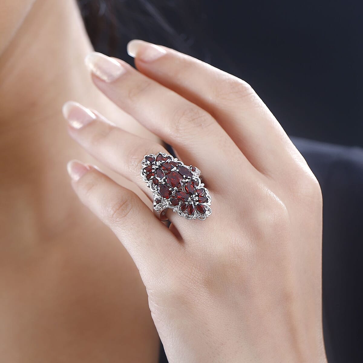 Mozambique Garnet Floral Ring in Platinum Over Sterling Silver (Size 8.0) 5.60 ctw image number 2