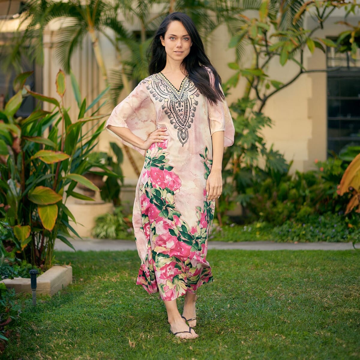 Winlar Pink Rose Microfiber Long Kaftan - One Size Fits Most image number 1