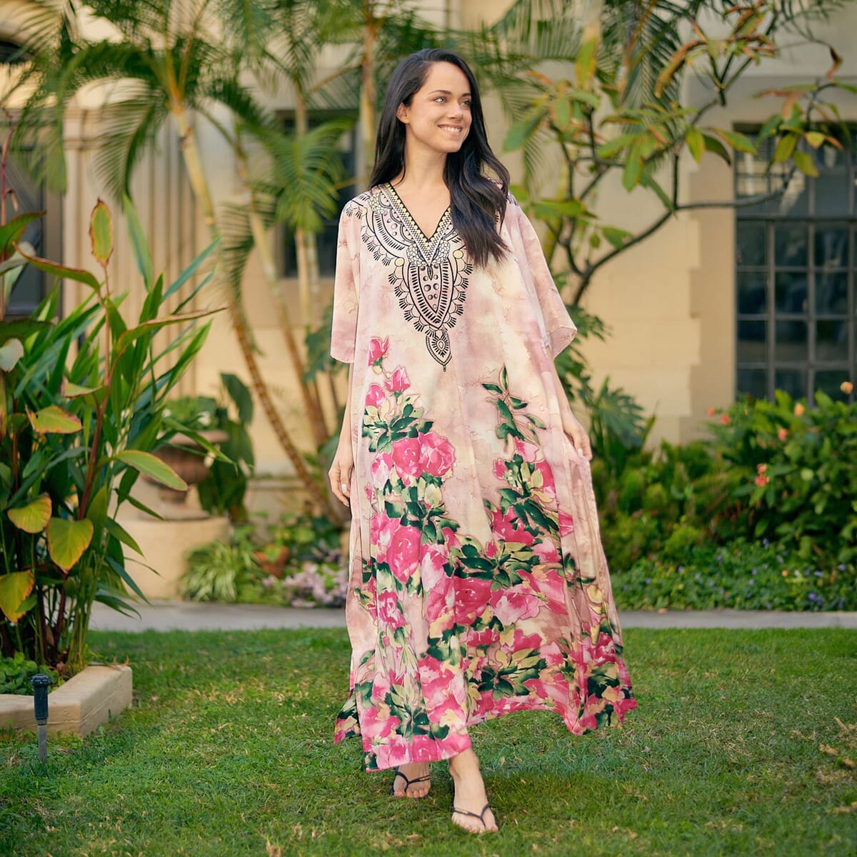 Winlar Pink Rose Microfiber Long Kaftan - One Size Fits Most image number 3