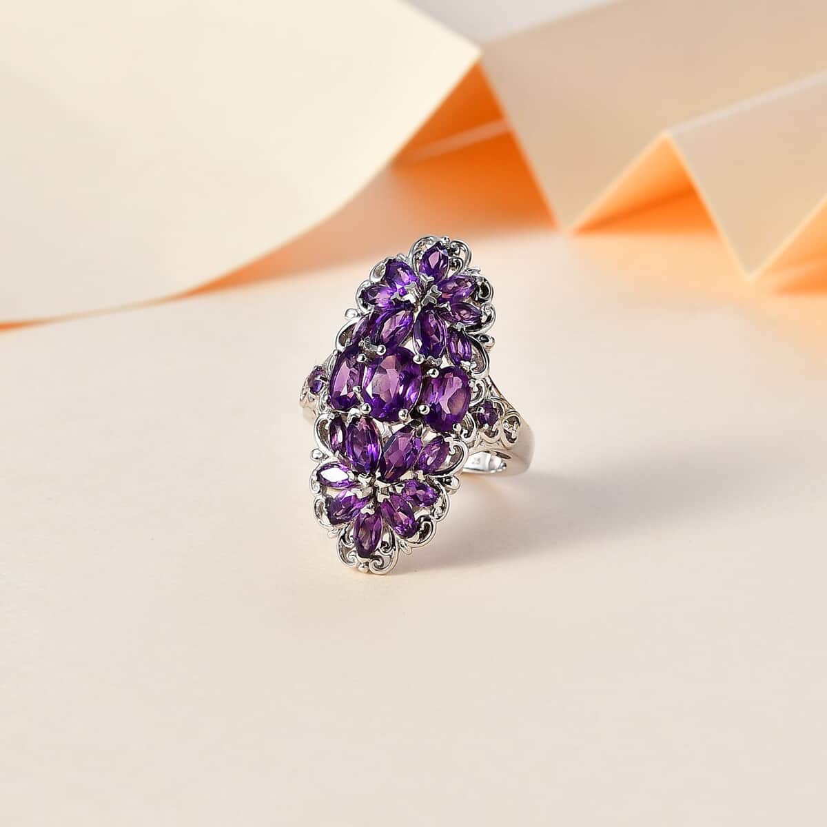 African Amethyst Floral Ring in Platinum Over Sterling Silver (Size 5.0) 4.00 ctw image number 1