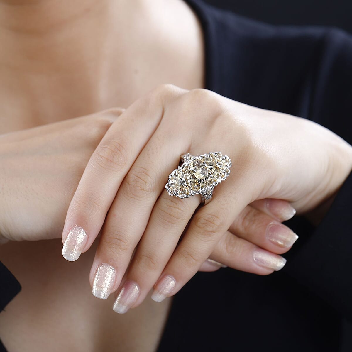 Brazilian Citrine Floral Ring in Platinum Over Sterling Silver (Size 8.0) 4.15 ctw image number 2