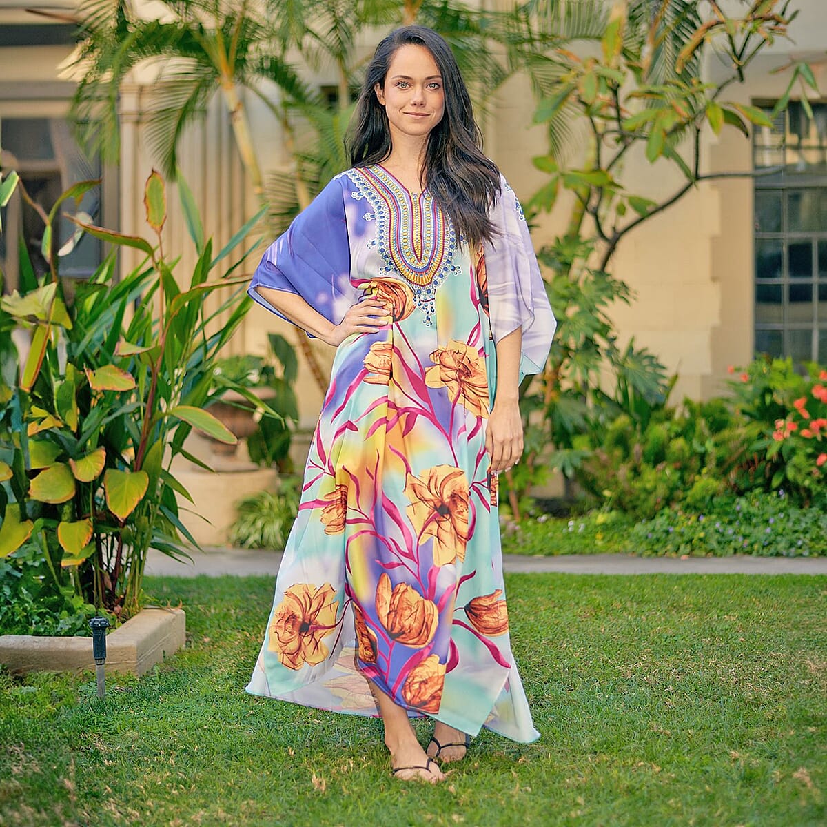 Winlar Multi Floral Microfiber Long Kaftan - One Size Fits Most image number 1