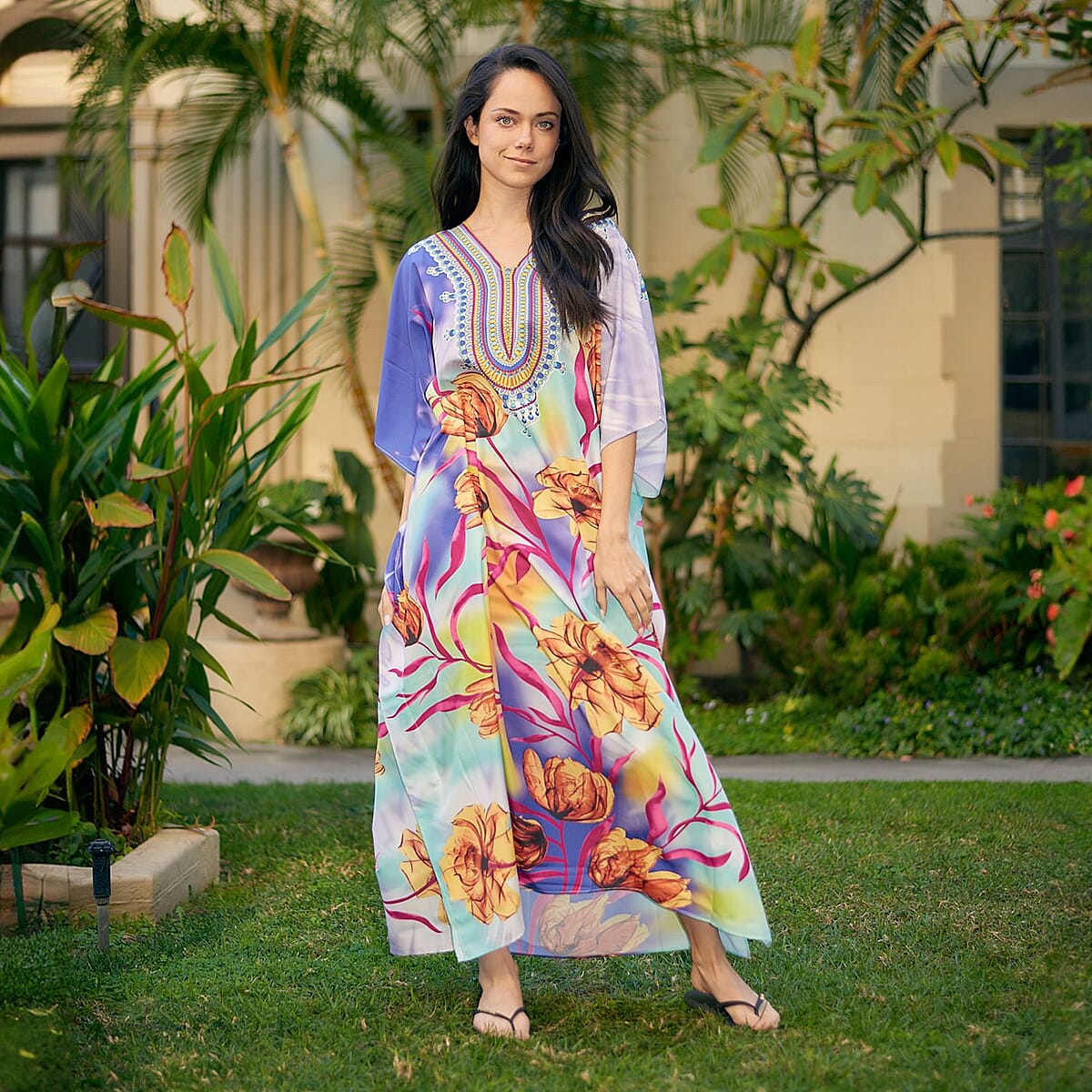 Winlar Multi Floral Microfiber Long Kaftan - One Size Fits Most image number 2