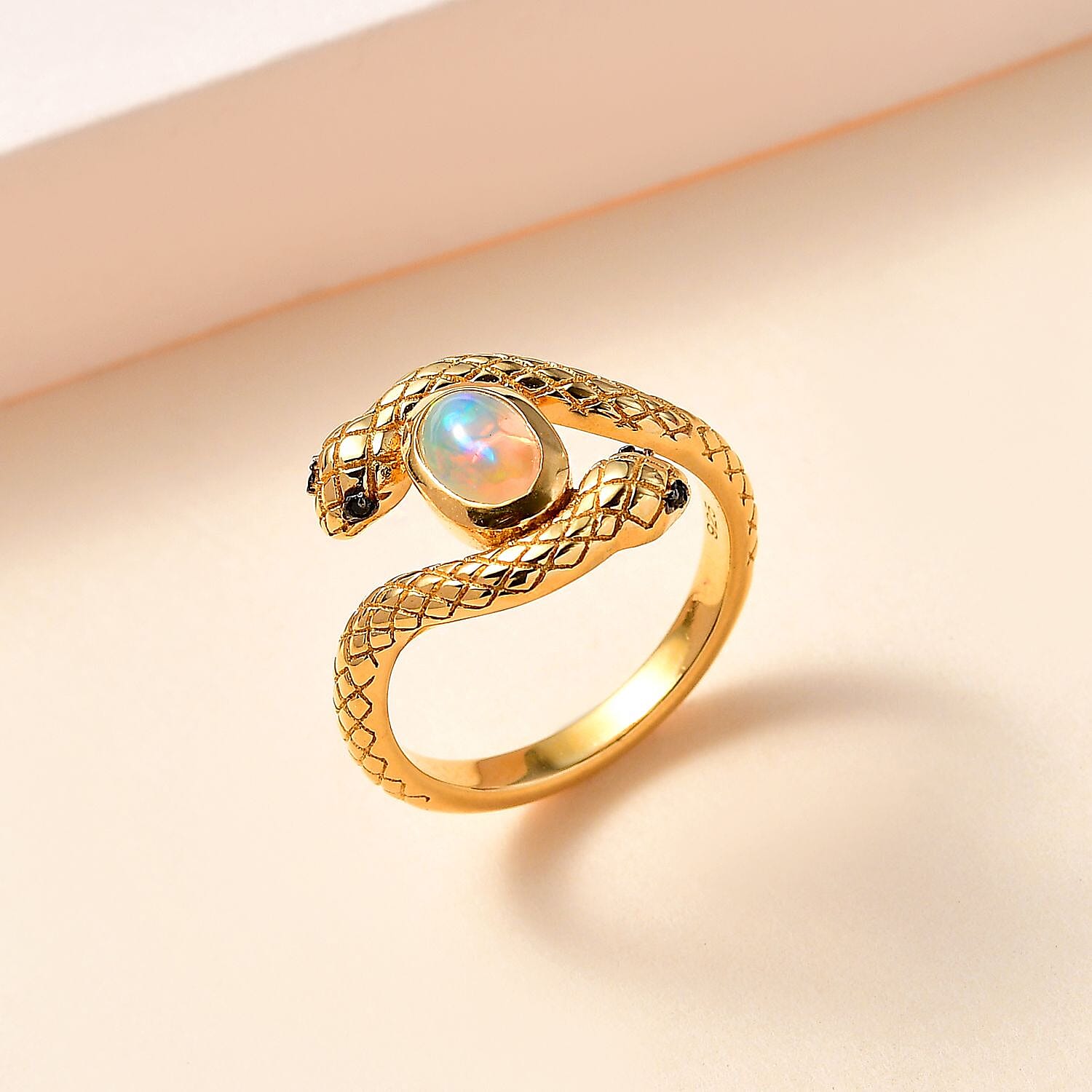 Ethiopian Welo Opal and Thai Black Spinel 0.60 ctw Ring in 18K Vermeil Yellow Gold Over Sterling Silver (Size 6.5)
