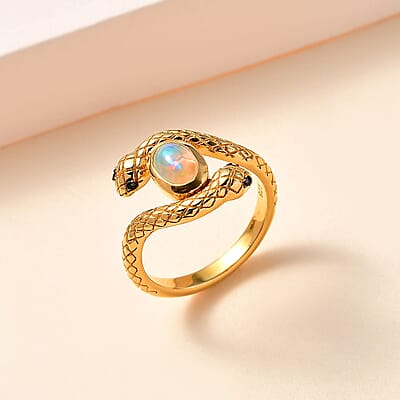 Ethiopian Welo Opal and Thai Black Spinel 0.60 ctw Ring in 18K Vermeil Yellow Gold Over Sterling Silver (Size 6.5)