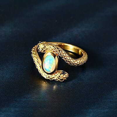 Ethiopian Welo Opal and Thai Black Spinel 0.60 ctw Ring in 18K Vermeil Yellow Gold Over Sterling Silver (Size 6.5)