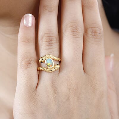 Ethiopian Welo Opal and Thai Black Spinel 0.60 ctw Ring in 18K Vermeil Yellow Gold Over Sterling Silver (Size 6.5)