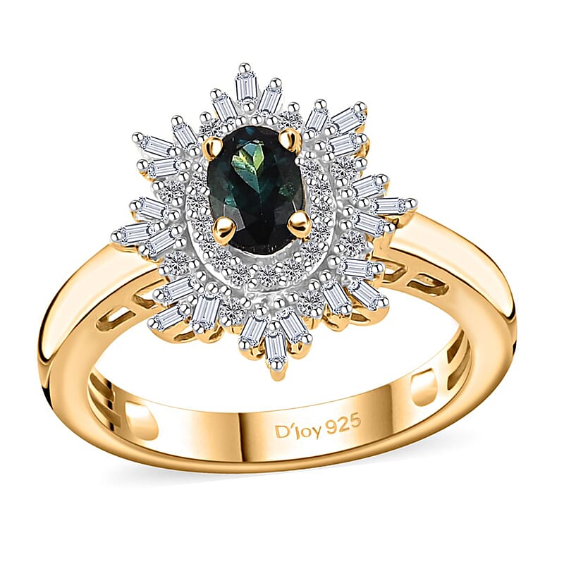 Premium Monte Belo Indicolite and Diamond Floral Ring in 18K Vermeil Yellow Gold Over Sterling Silver (Size 10.0) 0.80 ctw