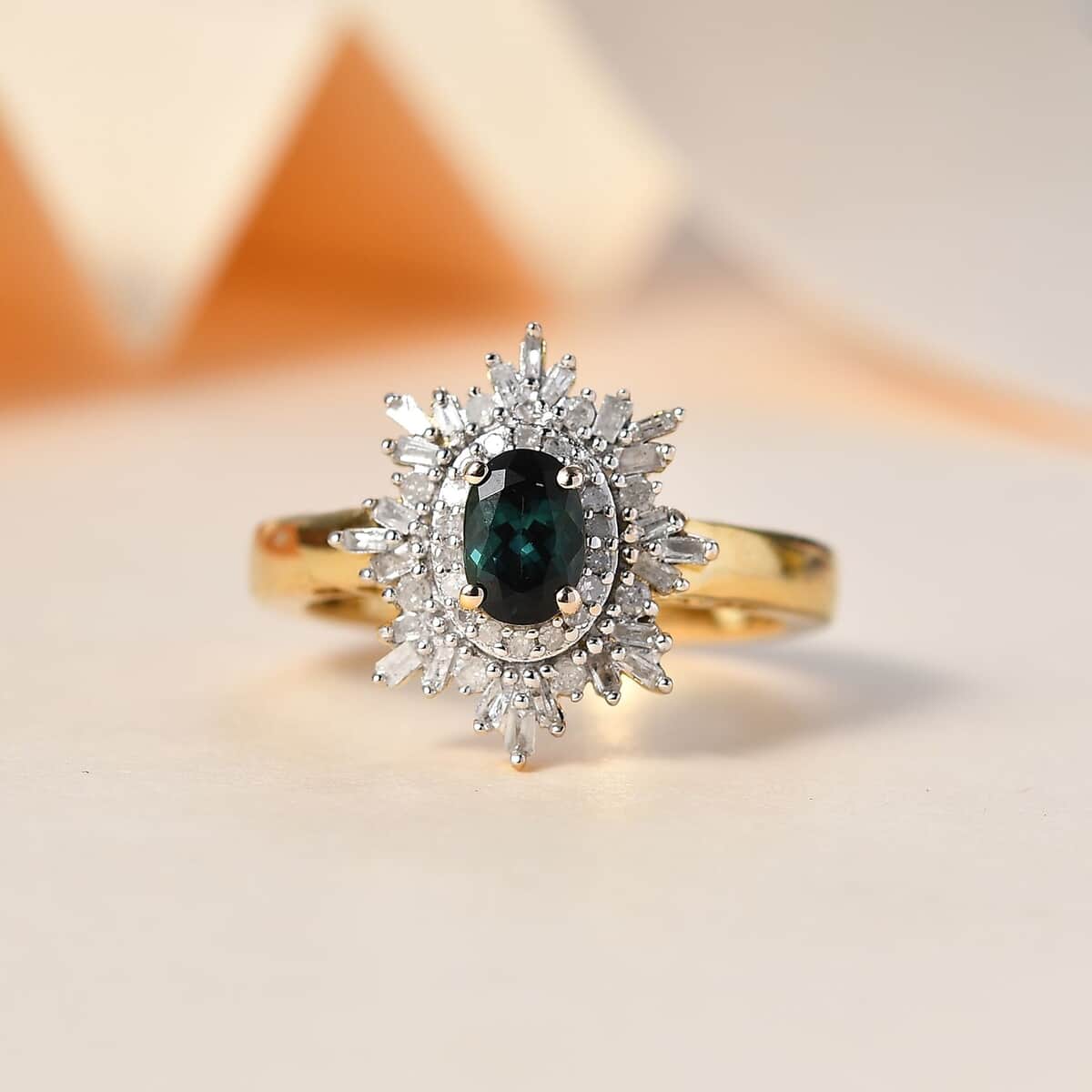 Premium Monte Belo Indicolite and Diamond Floral Ring in 18K Vermeil Yellow Gold Over Sterling Silver (Size 10.0) 0.80 ctw image number 1