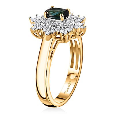 Premium Monte Belo Indicolite and Diamond Floral Ring in 18K Vermeil Yellow Gold Over Sterling Silver (Size 10.0) 0.80 ctw