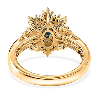 Premium Monte Belo Indicolite and Diamond Floral Ring in 18K Vermeil Yellow Gold Over Sterling Silver (Size 10.0) 0.80 ctw