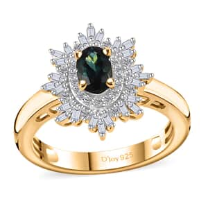 Premium Monte Belo Indicolite and Diamond Floral Ring in 18K Vermeil Yellow Gold Over Sterling Silver (Size 6.0) 0.80 ctw