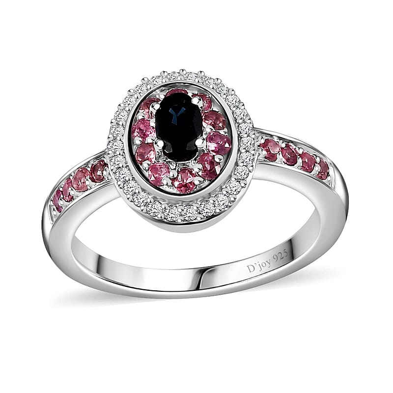 AAA Monte Belo Indicolite and Multi Gemstone Double Halo Ring in Rhodium Over Sterling Silver (Size 10.0) 0.75 ctw