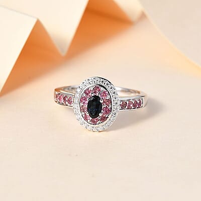 AAA Monte Belo Indicolite and Multi Gemstone Double Halo Ring in Rhodium Over Sterling Silver (Size 10.0) 0.75 ctw
